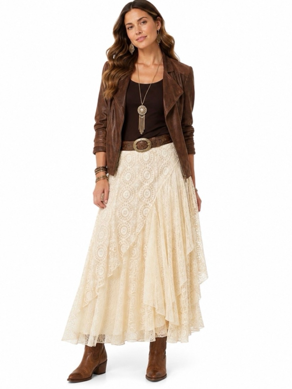 Chico’s Ivory Lace Maxi Skirt Size 1 (M ) Boho Romantic Fall Layering Asym Hem
